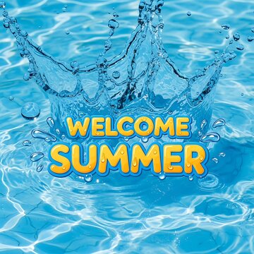 Welcome Summer Water Splash with Bright Text and Refreshing Blue Background.