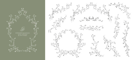 Hand drawn floral frames and botanical borders with delicate wildflower branches. Minimalist vector collection for wedding invitations, branding, logos, stationery and packaging. © Veris Studio