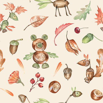 Cute autumn pattern with forest animals made of chestnuts, acorns and leaves. Hand-drawn watercolor seamless design; for home textile, fabric, pajamas, nursery room decor, wrapping paper, and more