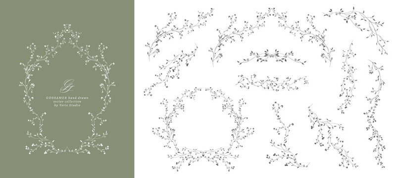 Hand drawn floral frames and botanical borders with delicate wildflower branches. Minimalist vector collection for wedding invitations, branding, logos, stationery and packaging.