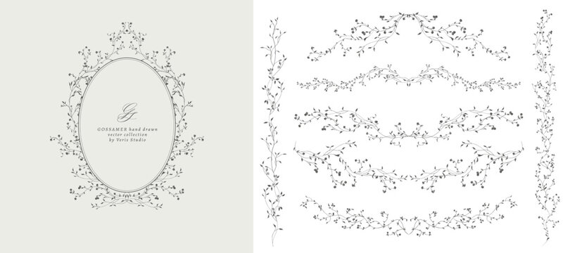 Hand drawn botanical borders and floral frame with delicate wildflower branches. Minimalist vector collection for wedding invitations, branding, logos, stationery and packaging.