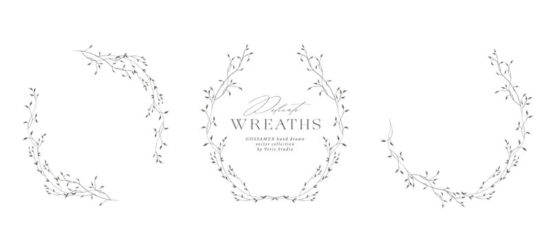 Hand drawn botanical wreaths and delicate floral frames with leafy branches. Minimalist vector collection for wedding invitations, branding, logos, stationery and packaging.