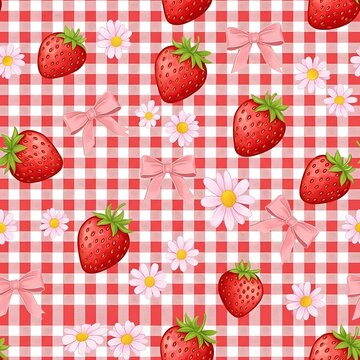 Fresh strawberries arranged on pink gingham cloth.