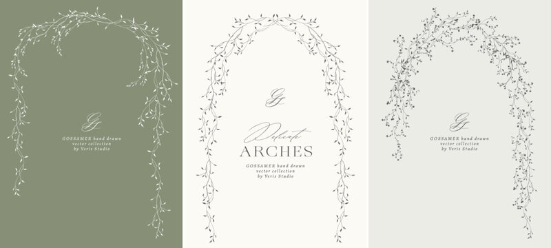 Hand drawn botanical arch frames and floral wedding arches with delicate leafy branches. Minimalist vector collection for invitations, branding, logos, stationery and packaging.
