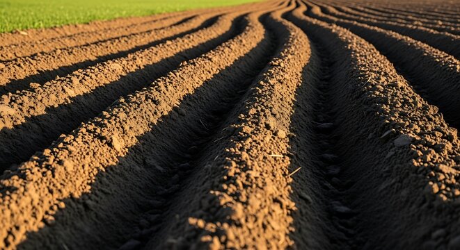 Farmland with Plowed Rows Under Bright Sunlight.