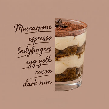 Creative food graphic layered tiramisu in glass with mascarpone espresso ladyfingers cocoa on brown background handwritten ingredient list