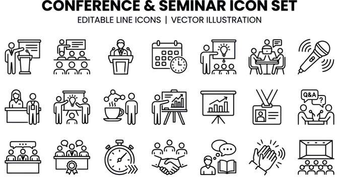 Business professionals attend a conference with a speaker at a podium in a meeting room setting.