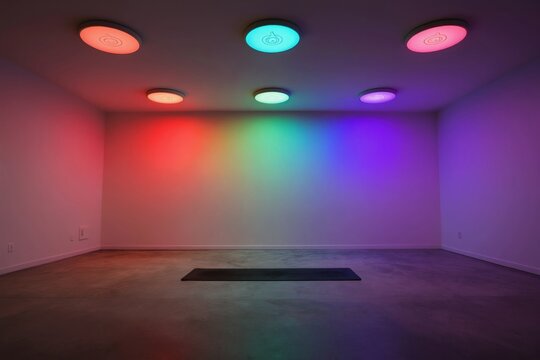 Minimalist yoga room interior with ambient colored light ceiling lamps. Dark mat on floor creates space for meditation and spiritual practice, promoting calm.