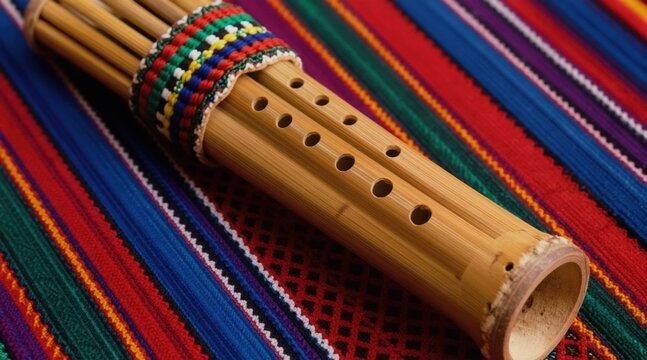Close up view of zampona pan flute rests on vibrant woven textile. Traditional Andean instrument features bamboo pipes, colorful decoration. Represents Peruvian culture heritage folk music