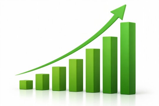 Green bars rise step by step. Arrow curves upward with bright green hue. Chart shows steady, positive growth. Clean white background adds clarity. Ideal for business, finance, or progress visuals