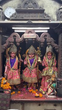 Ram Darbar Idol with Lord Rama, Sita, Lakshmana and Hanuman in Decorated Hindu Temple Shrine Devotional Stock Video