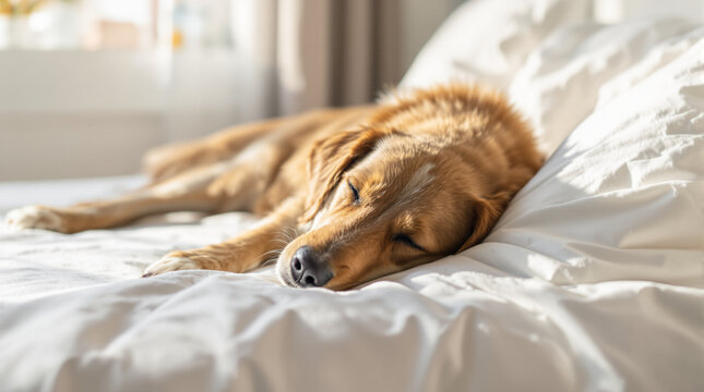 
A dog is sleeping in a beautiful bed