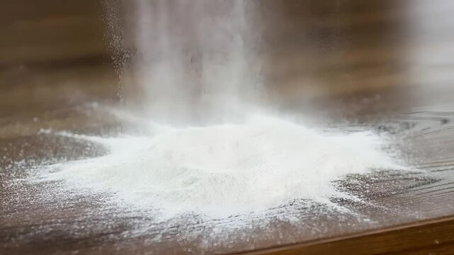 Flour Scattered on Wooden Surface: A fine white powder, likely flour, is scattered in a burst pattern on a textured wooden surface, creating a visually appealing abstract effect.