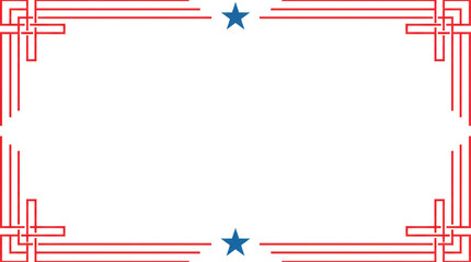 Obraz premium Clean minimal patriotic border frame with bold red geometric line corners and blue star accents on a white background. Simple American style decorative frame with large blank copy space, ideal for pat