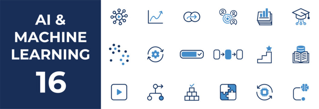 AI and machine learning concept icons set with blue and white graphics vector illustration for technology and innovation design elements