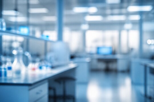 Bright lab lights glow softly over sterile workspaces. Equipment lines clean counters, blurred by depth of field. White shelves hold glassware, test tubes, and containers