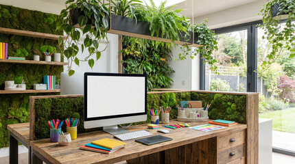 Fototapeta premium Biophilic Modern Office Workstation Displaying A Blank Screen Vibrant Stationery And Moss Decor Photography Art