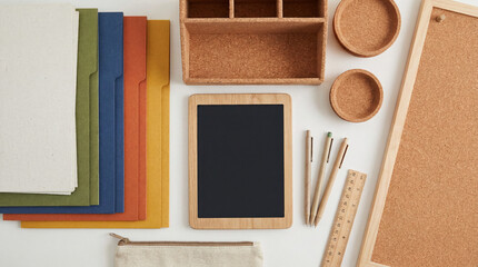 Fototapeta premium Eco Friendly Recycled Material Office Accessories Shown With Blank Paper Vivid Folders And Cork Elements