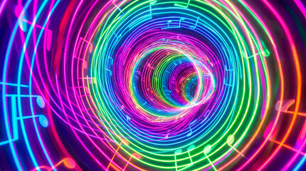 Fototapeta premium Creative Abstract Music Staff Lines Warping Into A Beautiful Tunnel Of Intense Neon Color Art