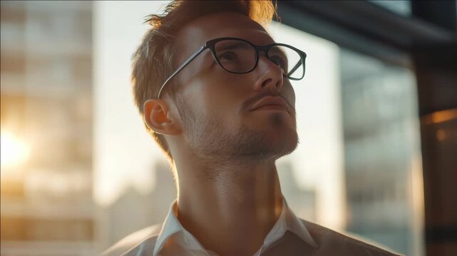 Young man wearing glasses looking thoughtfully
