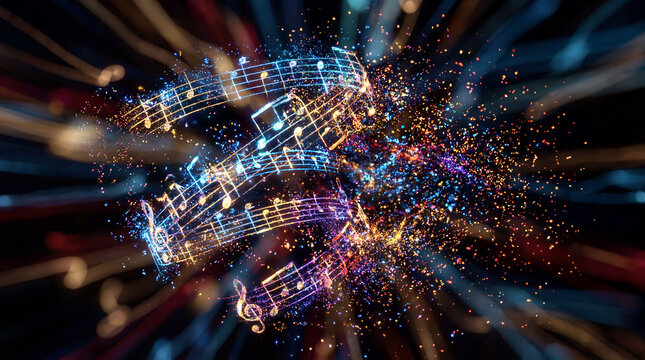 Exploding Musical Notation Shatters into Tiny Glowing Particles for Energetic Sound Art and Creative Posters