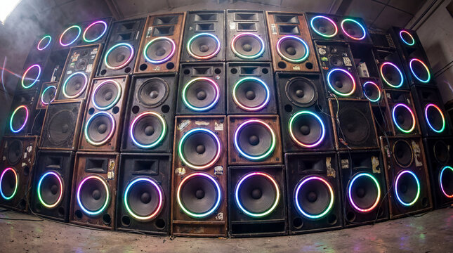Massive Wall Of Live Concert Speakers Pulsing With Embedded Vibrant Colorful LED Ring Lights Photography