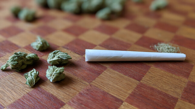 Prepared botanical roll and dried herbs on a checkered wooden surface, ready for use, close-up view with selective focus