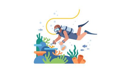 Diver cutting coral reef with scissors, underwater conservation scene © ryo
