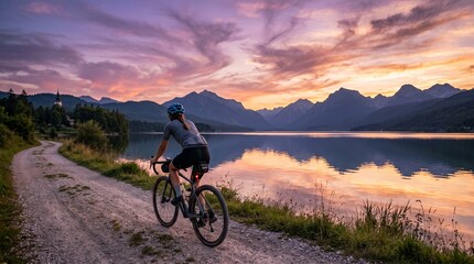 Fototapeta premium Female cyclist with road bike at lake side at sunset in summer. Slovenia. Rear view of woman riding bicycle in helmet on gravel path near water, active sport lifestyle, colorful twilight sky landscape