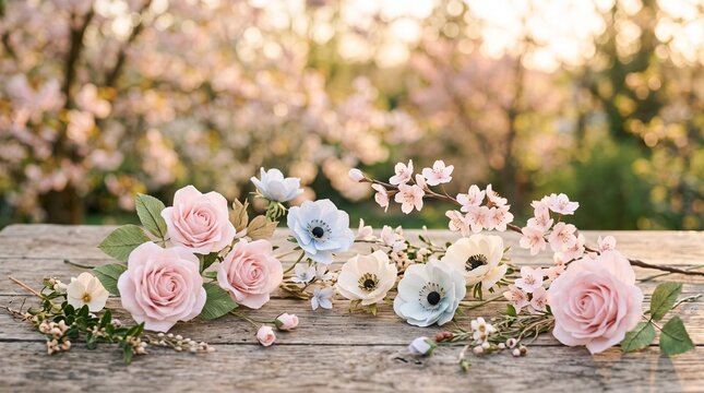Soft pink and blue floral spring background with delicate paper flowers and gentle sunlight, elegant springtime scene