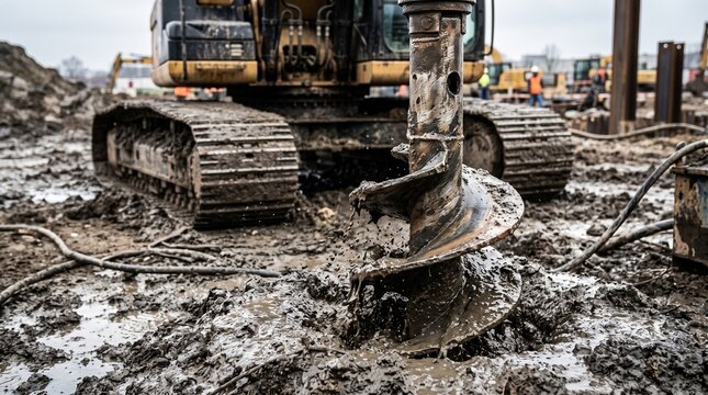 Screw pile being drilled into wet soil for foundation. Heavy equipment operates on construction site. Earthwork process for building support