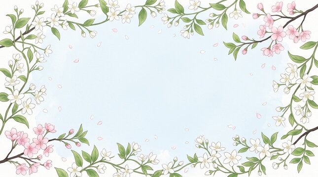 White spring flowers and green leaves creating a floral border an elegant light blue background