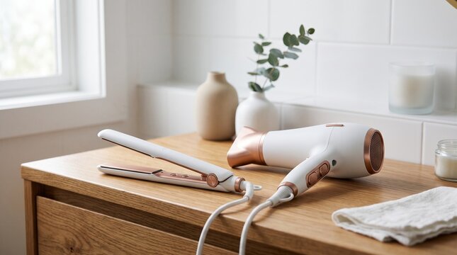 White hairdryer and hair straightener tools rest on wooden vanity. Bathroom interior setting includes sink and decor. Pro beauty appliances for hair styling at home. 