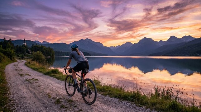 Female cyclist with road bike at lake side at sunset in summer. Slovenia. Rear view of woman riding bicycle in helmet on gravel path near water, active sport lifestyle, colorful twilight sky landscape