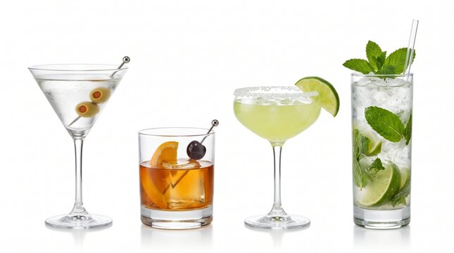 Four classic alcoholic cocktails set, isolated on transparent background