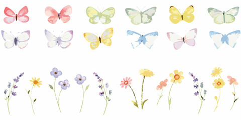 Watercolor butterflies and wildflowers arranged on a white background delicate floral illustration © Ankan