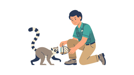 Zookeeper feeding ring-tailed lemur with basket, zoo animal care illustration © ryo