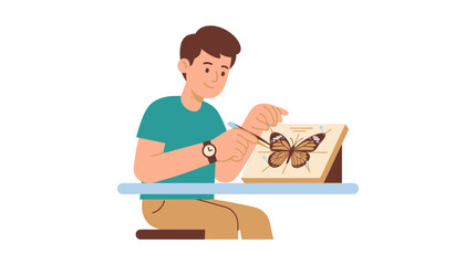 Man studying butterfly specimen, entomology hobby, scientific research, illustration © ryo