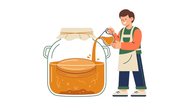Man Brewing Kombucha at Home, Fermentation Process, Healthy Beverage