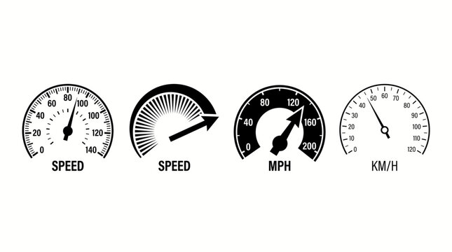 Collection of Four Speed Gauge Icons: MPH and KM/H Indicators, isolated white background.