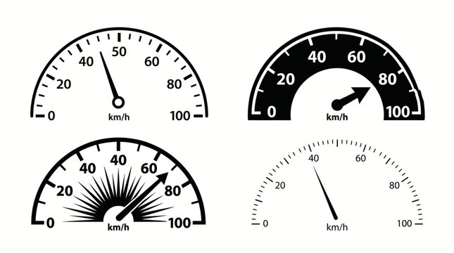 Collection of Four Monochrome Speedometer Icons Showing Various Km/h Gauge Designs on Isolated White Background