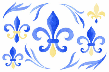 Blue and yellow fleur de lis watercolor ornaments with decorative scroll elements © Ankan