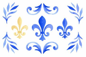 Watercolor floral ornament with fleur de lis and scroll elements on a white background © Ankan