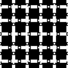 Repeated white figures on black background. Seamless surface pattern design with geometric shapes ornament. Polygons wallpaper. Dashed and dotted crossed lines motif. Digital paper for print. Vector. © funkyplayer