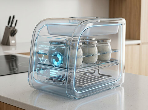 This futuristic transparent jar processor is designed for food fermentation or sterilization. Its internal glowing components suggest a high-tech approach to preserving nutrients and health.