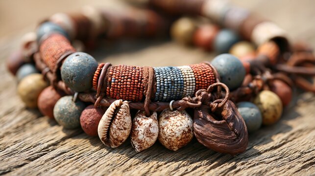 Himba people's traditional jewelry, made with colorful beads and natural items, shows their African heritage.
