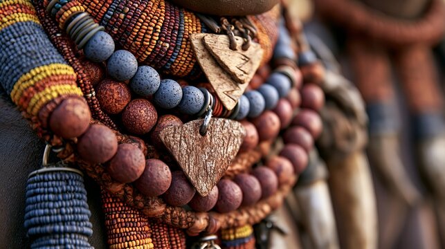 Himba people's traditional jewelry, made with colorful beads and natural items, shows their African heritage.