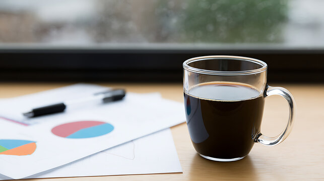 Clear Glass Mug of Hot Black Coffee with Business Documents and Pen on a Wooden Desk by a Window, Reflecting Productivity and Focus