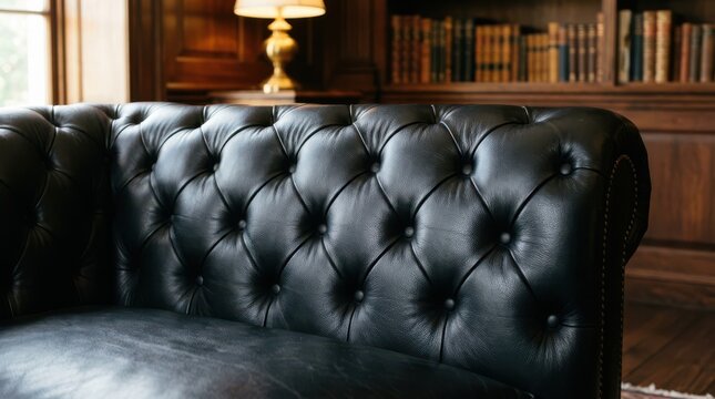 Luxury leather sofa in a cozy home library