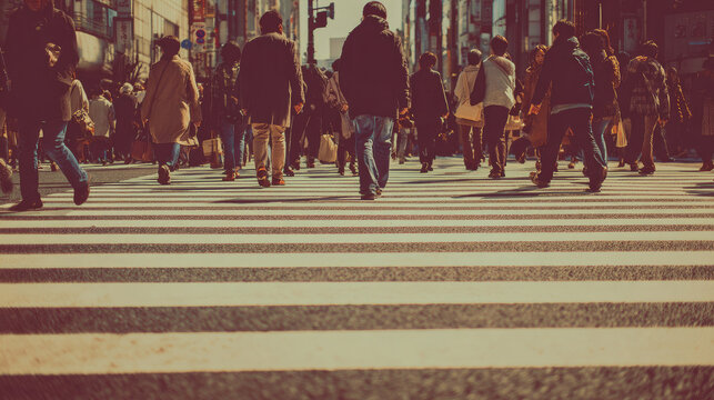 Busy City People Crossing Zebra Crossing in Urban Street, Vintage Film Style and Street Photography